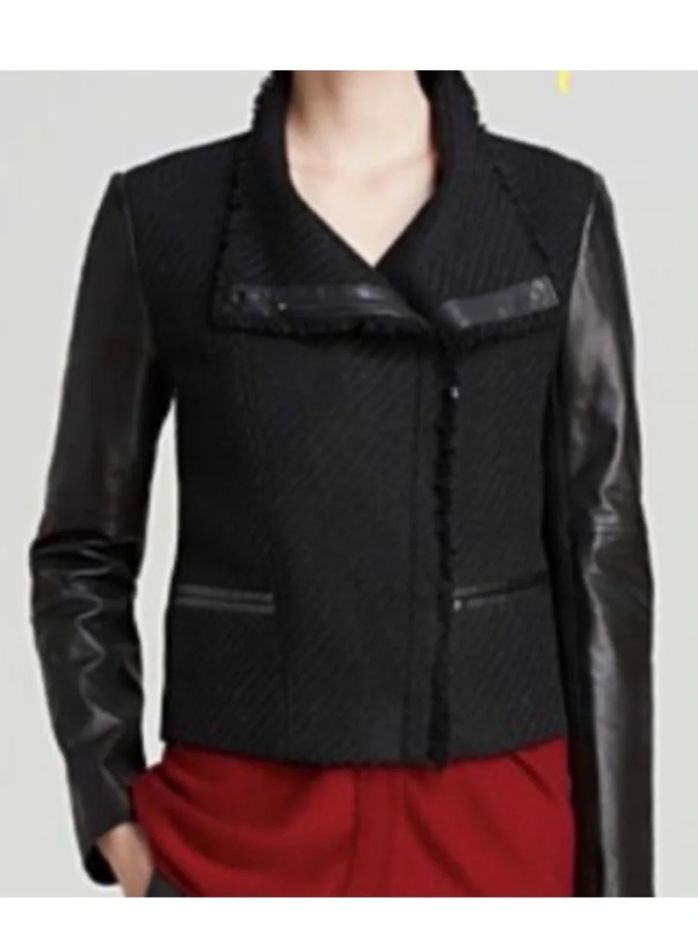 VINCE Black Lamb Leather Wool Boucle Tweed Cropped Moto Jacket. Size XS.